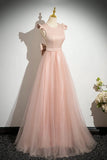 Pink Satin Tulle Ruffles Scoop A Line Prom Dress