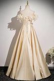 Champagne Satin Flowers Off the Shoulder A Line Prom Dress