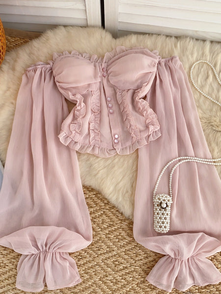 Chic Off-Shoulder Blush Pink Corset Blouse