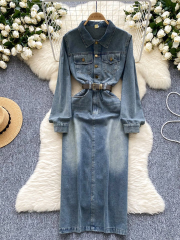 Belted Waist Classic Silhouette Long Denim Dress