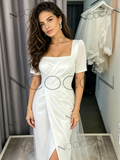 hort Sleeve A Line Satin Tulle Wedding Dress With Slit