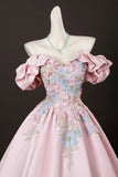 Pink Satin Lace A Line Off the Shoulder Appliques Prom Dress