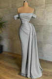 Draped Train Ivory Off The Shoulder Satin Mermaid Prom Dress