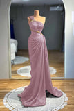 Draped Beading Satin Bronze Brown One Shoulder Prom Drss
