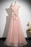 Pink Satin Tulle Ruffles Scoop A Line Prom Dress