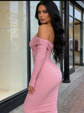 Off The Shoulder Maxi Long Sleeve Ruched Fitted Bodycon Dress