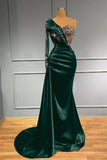 Long Sleeves Royal Blue One Shoulder Satin Mermaid Prom Dress