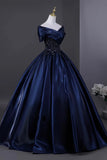 Navy Satin Beading Off the Shoulder A Line Prom Dress
