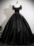 A-Line Puff Sleeves Dark Blue Satin Prom Dress