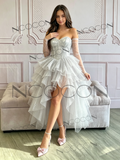 Strapless Silver Sparkle High Low Tulle Homecoming Dress