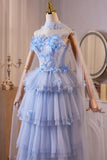 Blue Flower Layers Beading Butterfly Prom Dress