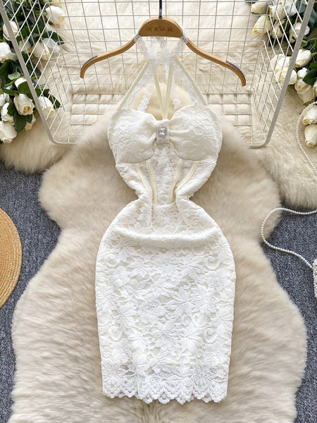 Delicate Lace White Halter Neck Bodycon Dress