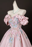 Pink Satin Lace A Line Off the Shoulder Appliques Prom Dress