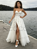 Spaghetti Strap Sweetheart A-Line Tulle Applique Wedding Dress Slit