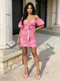 Pink Lace Sheath Column Puffy Sleeve Homecoming Dress