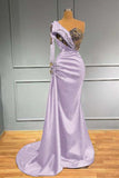 Long Sleeves Royal Blue One Shoulder Satin Mermaid Prom Dress