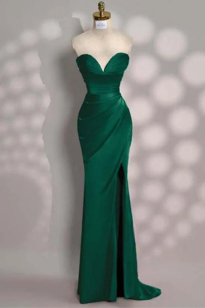 Side Slit Emerald Green Strapless Satin Prom Dress