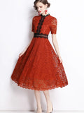 Short Sleeve Mock Neck Burgundy Lace Dress