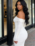 Off The Shoulder Maxi Long Sleeve Ruched Fitted Bodycon Dress