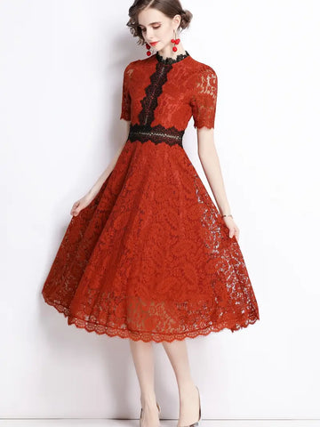 Short Sleeve Mock Neck Burgundy Lace Dress