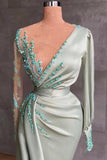 One Sheer Sage Green Satin Mermaid Prom Dress