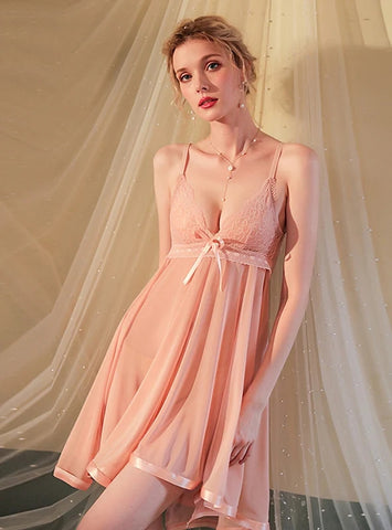 FASHION DEEP V SUSPENDER BOW MESH LACE NIGHTDRESS