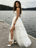 Spaghetti Strap Sweetheart A-Line Tulle Applique Wedding Dress Slit