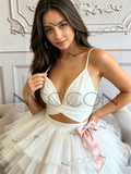 White Spaghetti Strap A-Line Tulle Homecoming Dress Bow