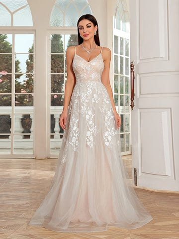 Champagne Lace V Neck Backless Appliques Prom Dress