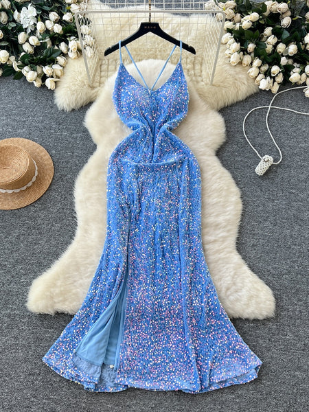 Blue Sequin Backless Midi Maxi Dress
