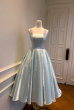 French Retro Beaded Straps Pastel Blue Satin Princess Prom Dress