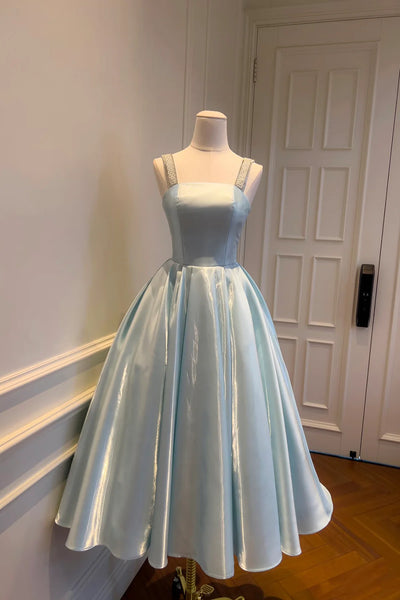 French Retro Beaded Straps Pastel Blue Satin Princess Prom Dress