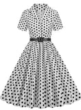 Polk stitching belt short sleeve dress