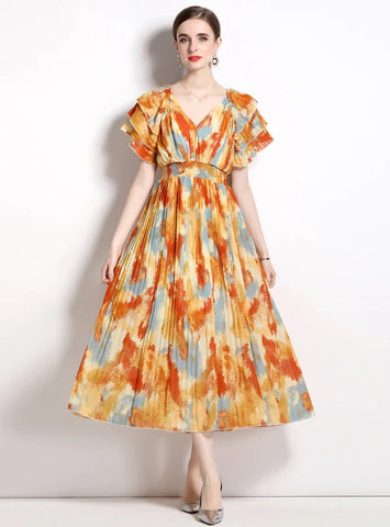 FLYING SLEEVE V-NECK PLEATED HOLIDAY DRESS