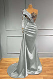 Long Sleeves Royal Blue One Shoulder Satin Mermaid Prom Dress