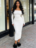 Off The Shoulder Maxi Long Sleeve Ruched Fitted Bodycon Dress