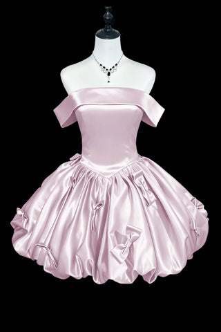 Light Pink Satin Off Shoulder Mini Homecoming Dress
