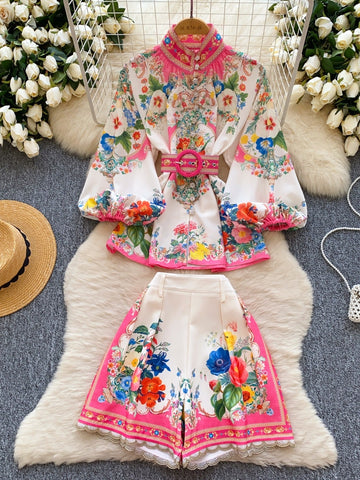Style Floral Print High Collar Belt Two Piece Set