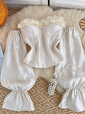 3D Floral Appliqué Puff Sleeves Strapless Corset Blouse