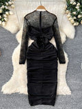 Lace Sleeves Ruched Black Dress