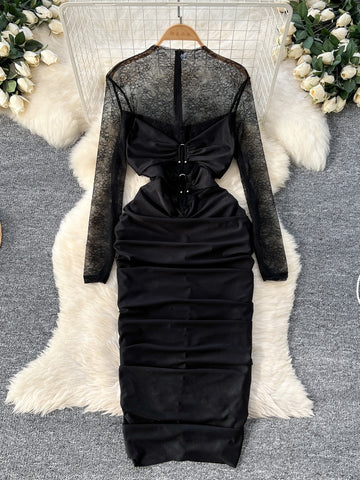 Lace Sleeves Ruched Black Dress