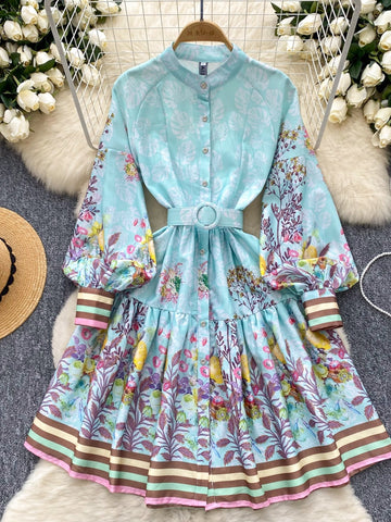 Statement Sleeves Belted Waist Blue Floral Dress