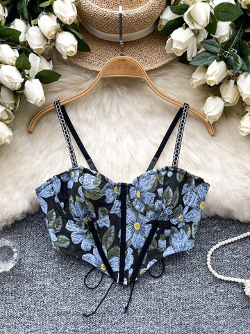 Delicate Chain Straps Floral Print Corset Top