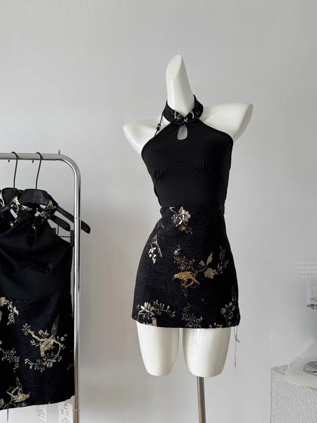 Black Hollow Print Short Mini Cocktail Dress