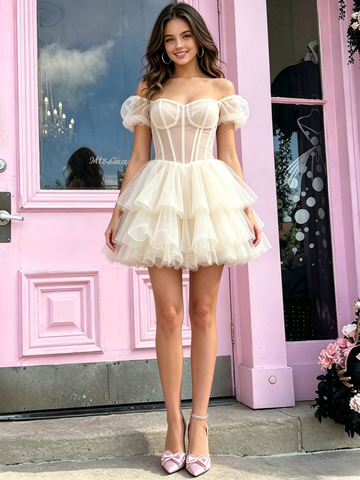 White Puffy Sleeve Short Mini Tulle Homecoming Dress