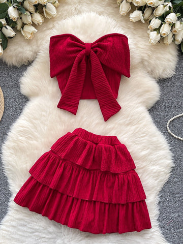 Crop Top Oversized Bow Tiered Ruffled Skirt