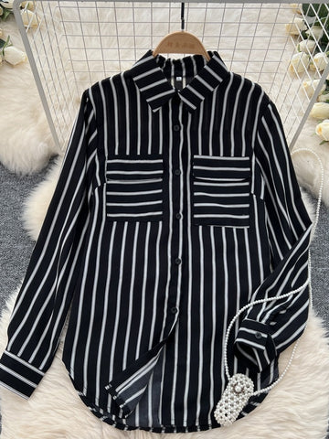 Striped Elegance Black Long Sleeve Shirt