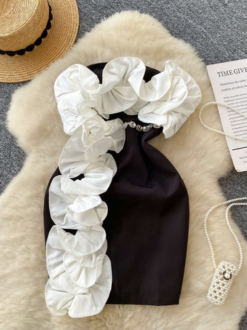 Dramatic White Ruffle  Black Dress