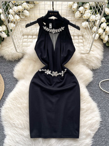 Crystal Embellishments Black Halter Neck Dress