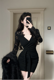Elegant Black V - Neck Mini Dress with Lace Sleeves